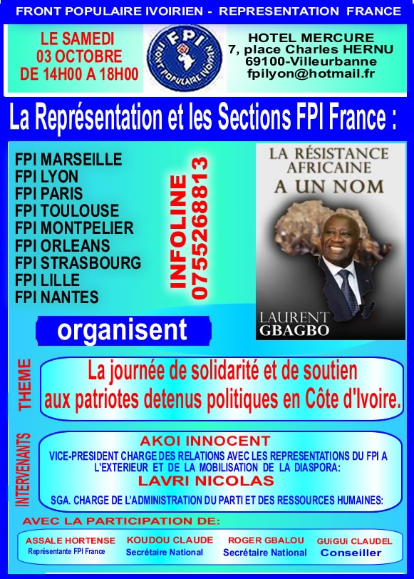 [COTE D&rsquo;IVOIRE LYON] Le FPI organise une journée de solidarité et de soutien le 3 octobre à Lyon