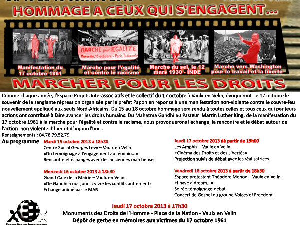 [MARCHER POUR LES DROITS] Hommage à ceux qui s&rsquo;engagent du 15 au 18 octobre 2013 à Vaulx en Velin