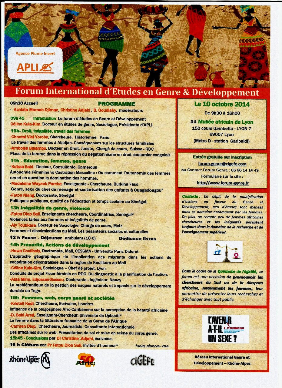 [EGALITE] Forum International d&rsquo;Etudes en Genre et Développement le 10 octobre 2014 à Lyon