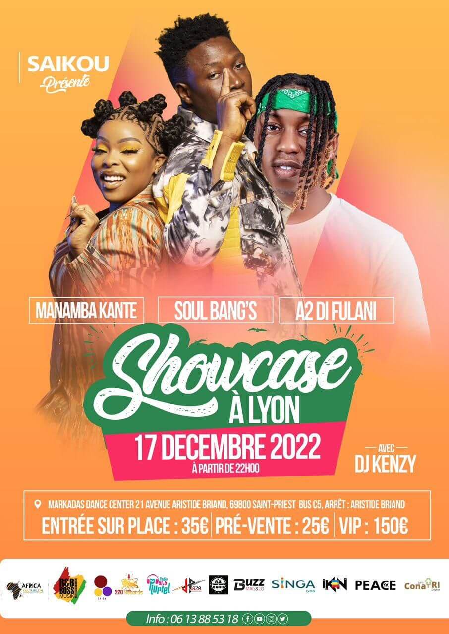 [MUSIQUE] 3 pays pour une scène le samedi 17 décembre 2022 Lyon va vibrer au rythme de Afrique avec MANAMBA KANTÉ et SOUL BANG’S, A2 DI FULANI et DJ KENZY