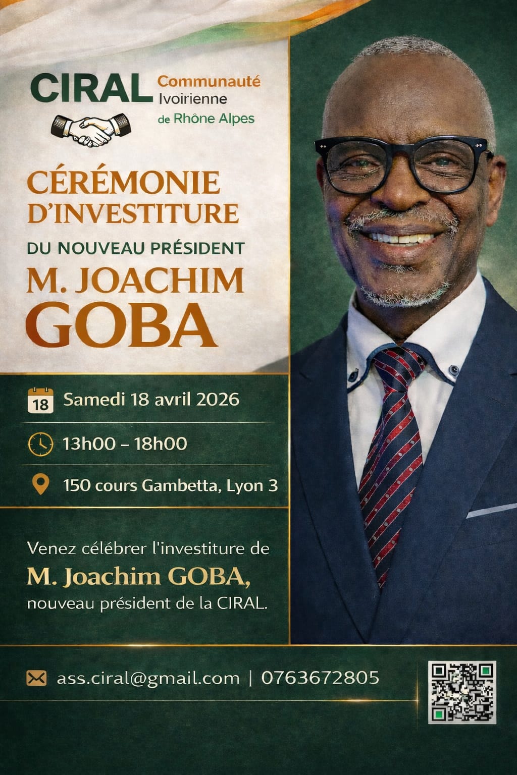 🗓️ Samedi 18 avril 2026 [COTE D&rsquo;IVOIRE] Investiture de Joachim GOBA à Lyon comme Président de la CIRAL 🇨🇮