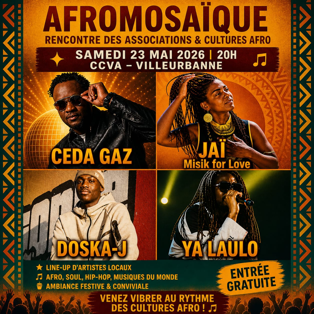 🗓️  Samedi 23 mai 2026 [SPECTACLE]🎤✨ AFROMOSAÏQUE – CONCERT LIVE ✨🎶 – Artistes locaux – Entrée gratuite – CCVA Villeurbanne
