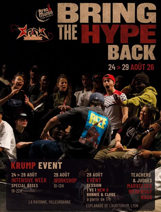 🗓️  Du lundi 24 au samedi 29 août 2026 [DANSE] Semaine Intensive KRUMP avec Afromundo à Villeurbanne