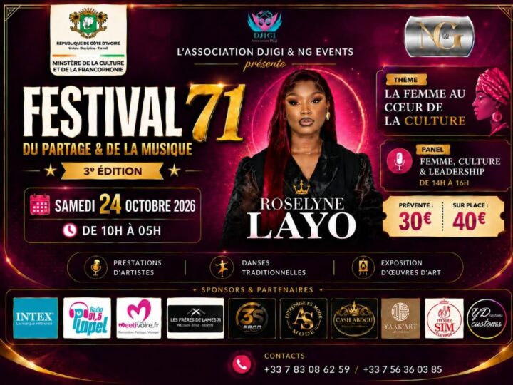 🗓️  Samedi 24 octobre 2026 📍 Branges Châlon (71) [CULTURE]  Festival 71 du Partage et de la Musique « La femme au cœur de la culture » avec Roseline LAYO 🇨🇮 en spectacle