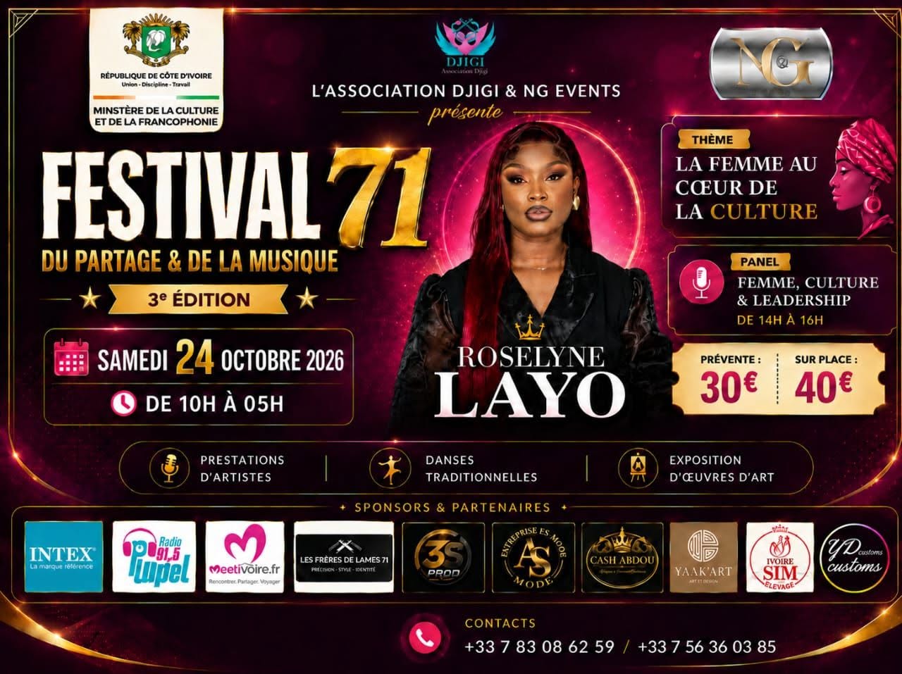 🗓️  Samedi 24 octobre 2026 📍 Branges Châlon (71) [CULTURE]  Festival 71 du Partage et de la Musique « La femme au cœur de la culture » avec Roseline LAYO 🇨🇮 en spectacle