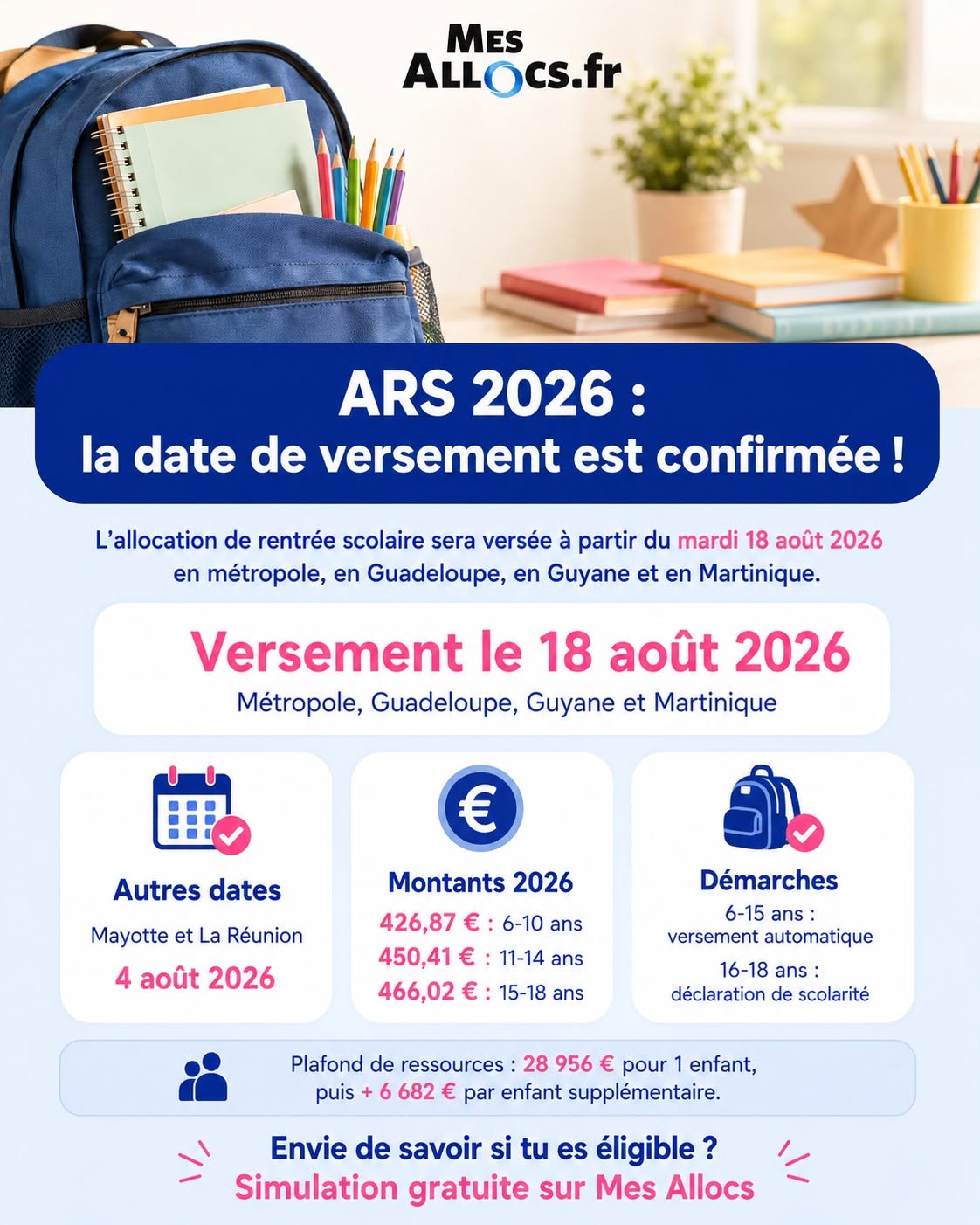 🗓️  Mardi 18 août 2026 [AIDES] Versement de l’allocation de rentrée scolaire (ARS) 2026