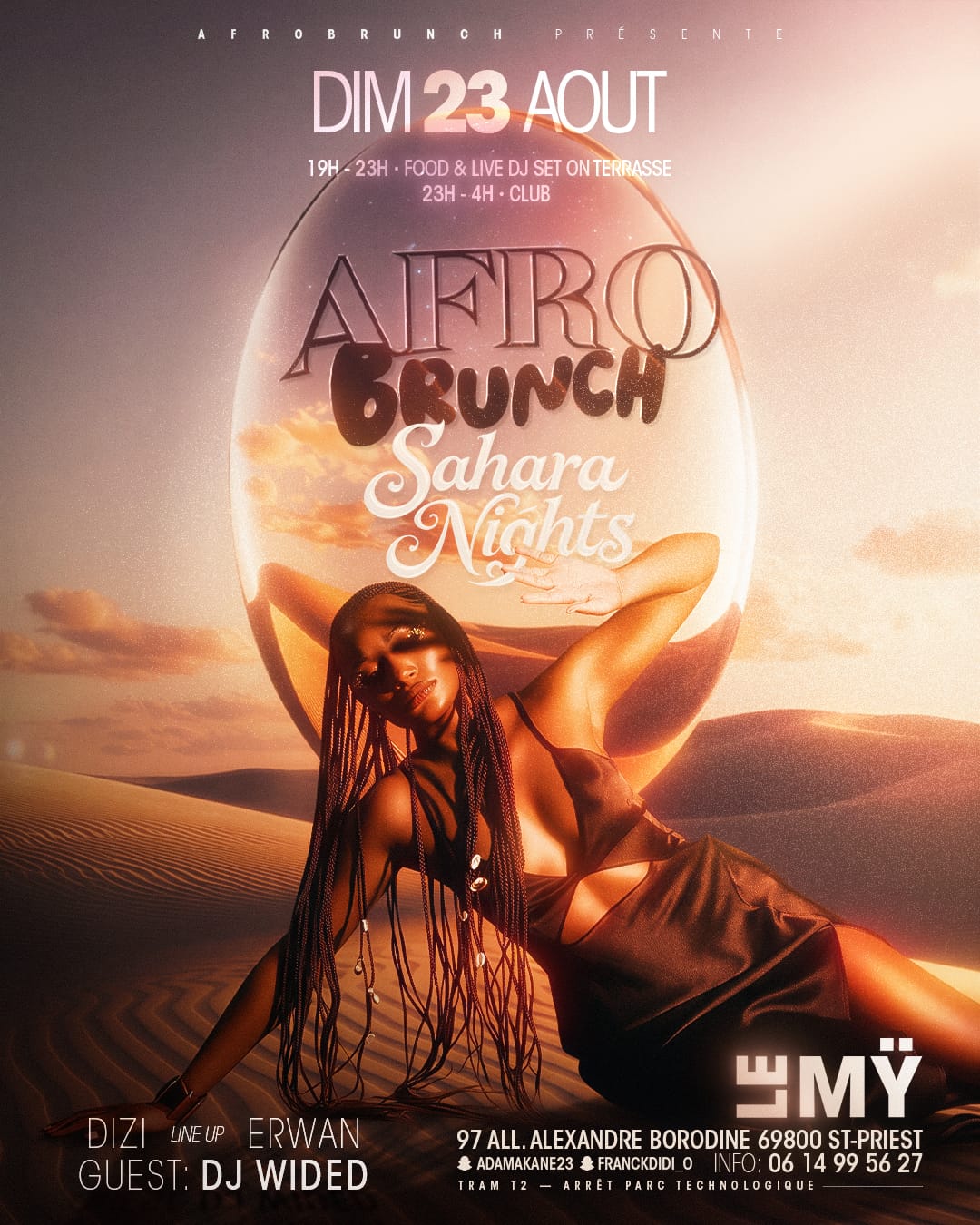 📅 Dimanche 23 août 2026 📍 Saint Priest (69) [AMBIANCE] 💃 Afrobrunch présente « SAHARA NIGHTS » une édition unique où l&rsquo;Afrique rencontre l&rsquo;Orient, avec pour la 1ère fois danseuses orientales et percussionniste live