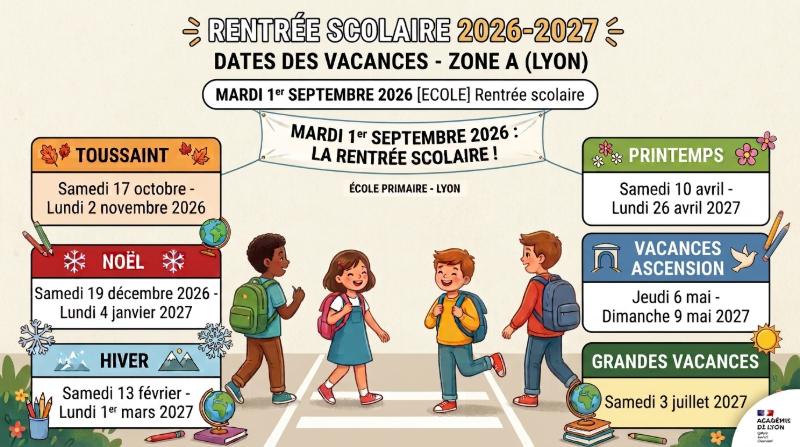 📅 Mardi 1er septembre 2026 📍 Lyon  [ECOLE] Rentrée scolaire  (dates des vacances 2026-2027 Zone A – Lyon)