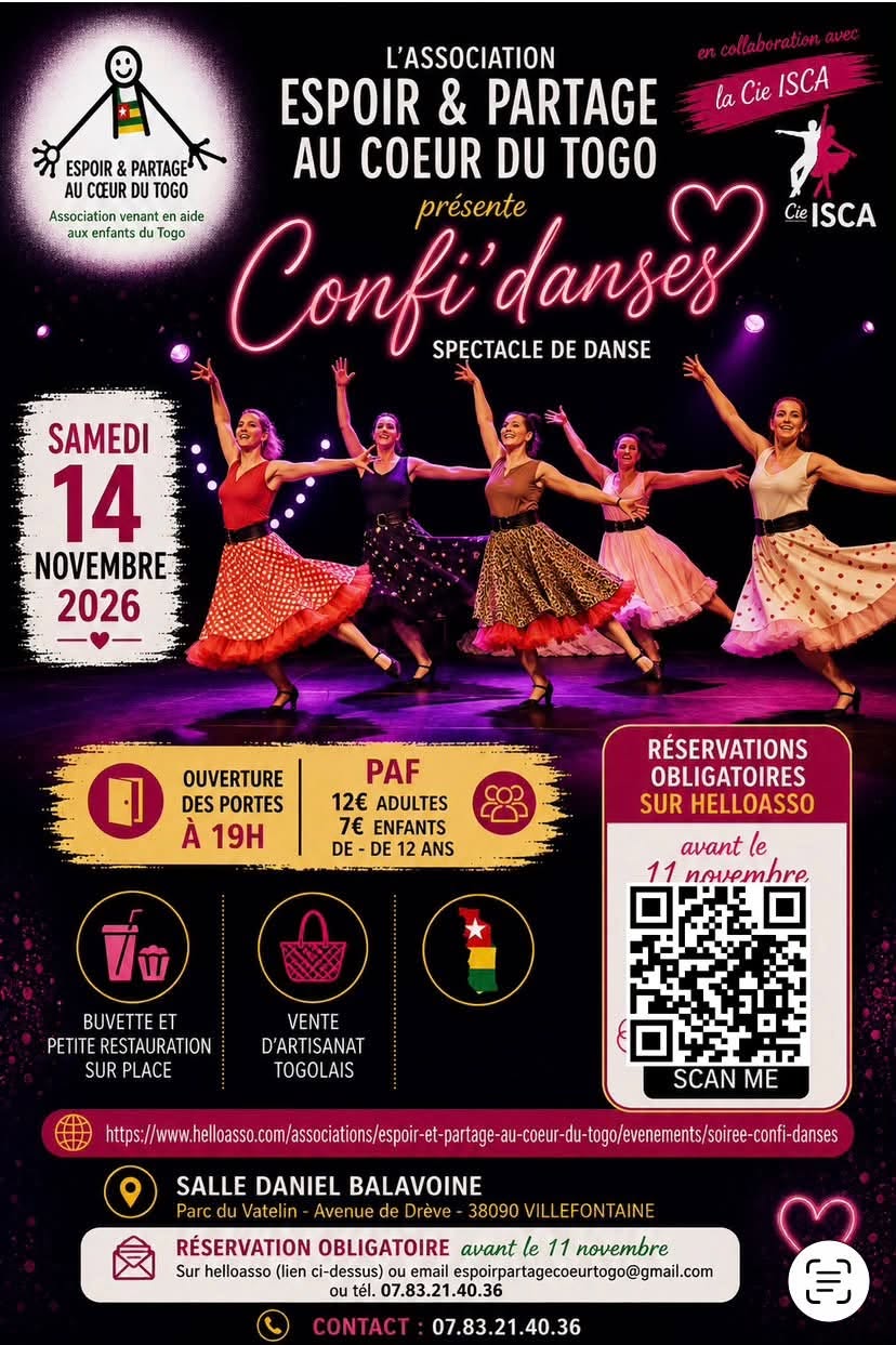 📅 Samedi 14 novembre 2026 📍Villefontaine (38) [SOLIDARITE] 🇹🇬  💃L&rsquo;association « Espoir et Partage au Coeur du Togo » organise une spectacle de danses « Confi&rsquo;Danses »